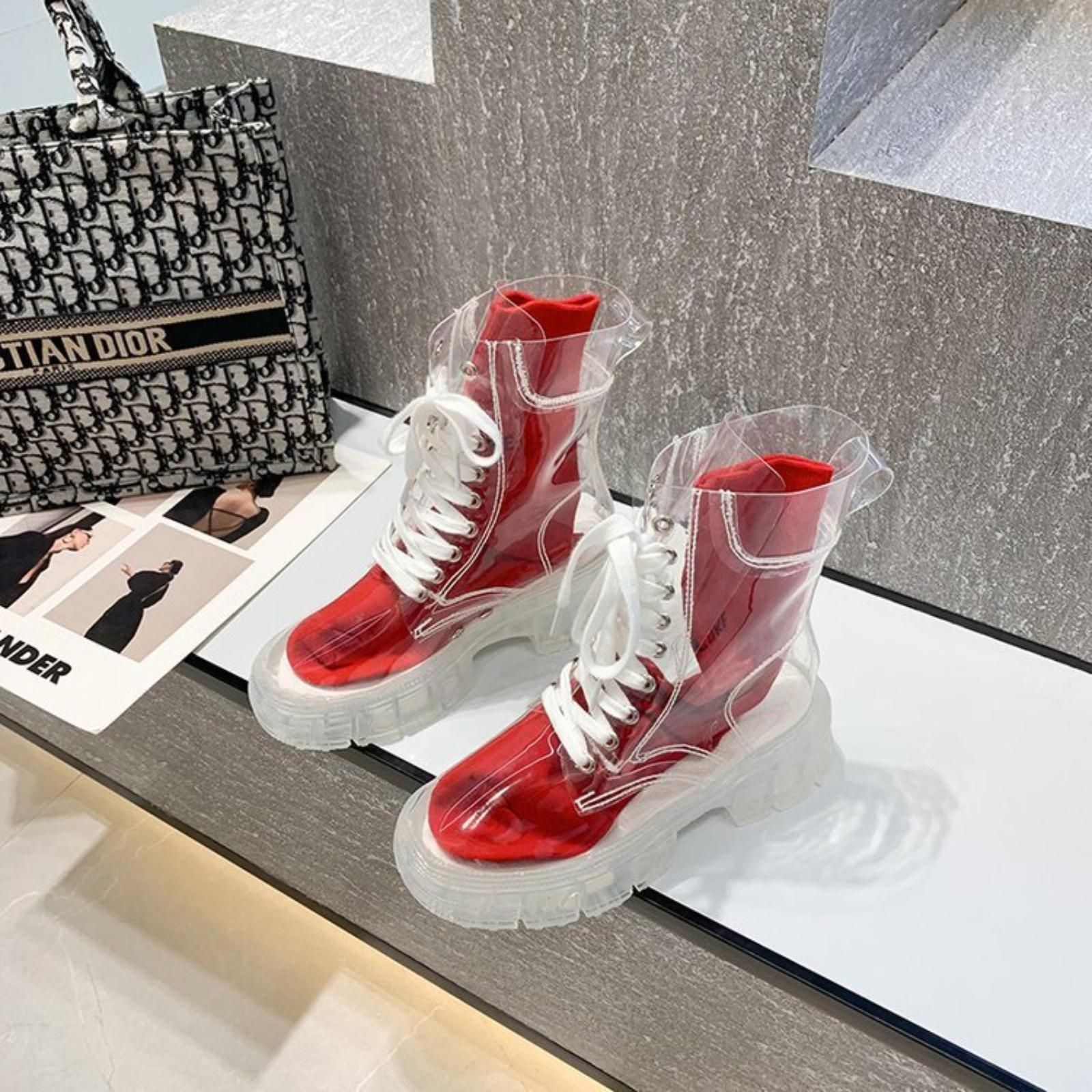 Women s Transparent Boots Thick-soled Crystal-soled Lace-up Boots 37