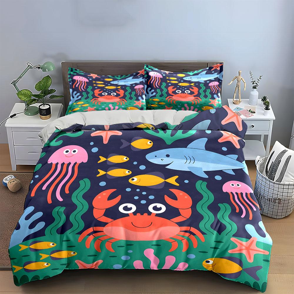 Underwater Cartoon Animals Set Bedding Duvet Cover Set (1*Duvet Cover 2*Pillowcases, without duvet insert)