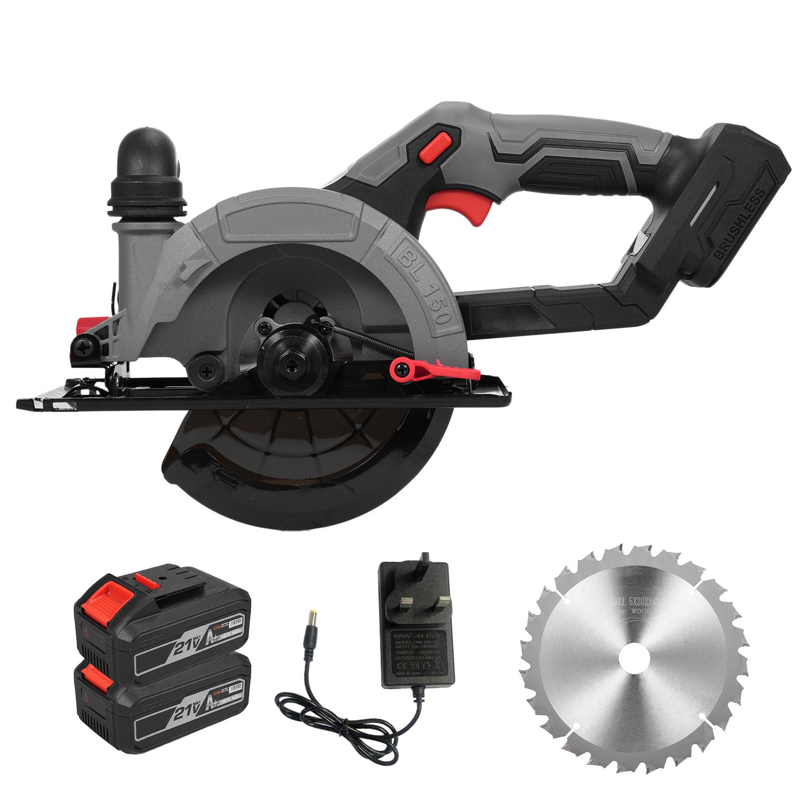 

6-дюймовая электрическая циркулярная пила, 21 В, 6800 об/мин, бесщеточный двигатель, компактная циркулярная пила, плиткорез с пилой 24 зуб. UK Plug & 2 Battery чёрный