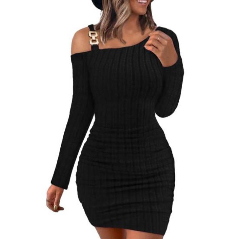 Women  Dress Knitted One Shoulder  Elastic Neck Solid Color Tight Waist Anti-shrink Long Sleeve Mini Sheath Dress Party