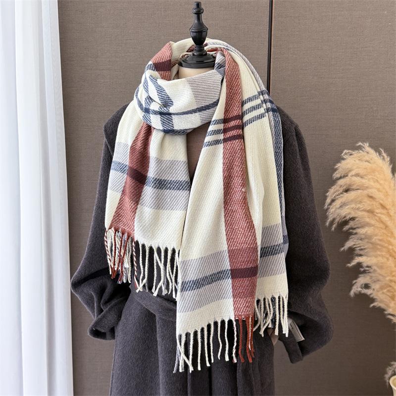 Sweet and Simple Plaid, Warm In Autumn and Winter, Cold Scarf Shawl, Commuting Versatile Couple Tassel Imitation Cashmere Scarf