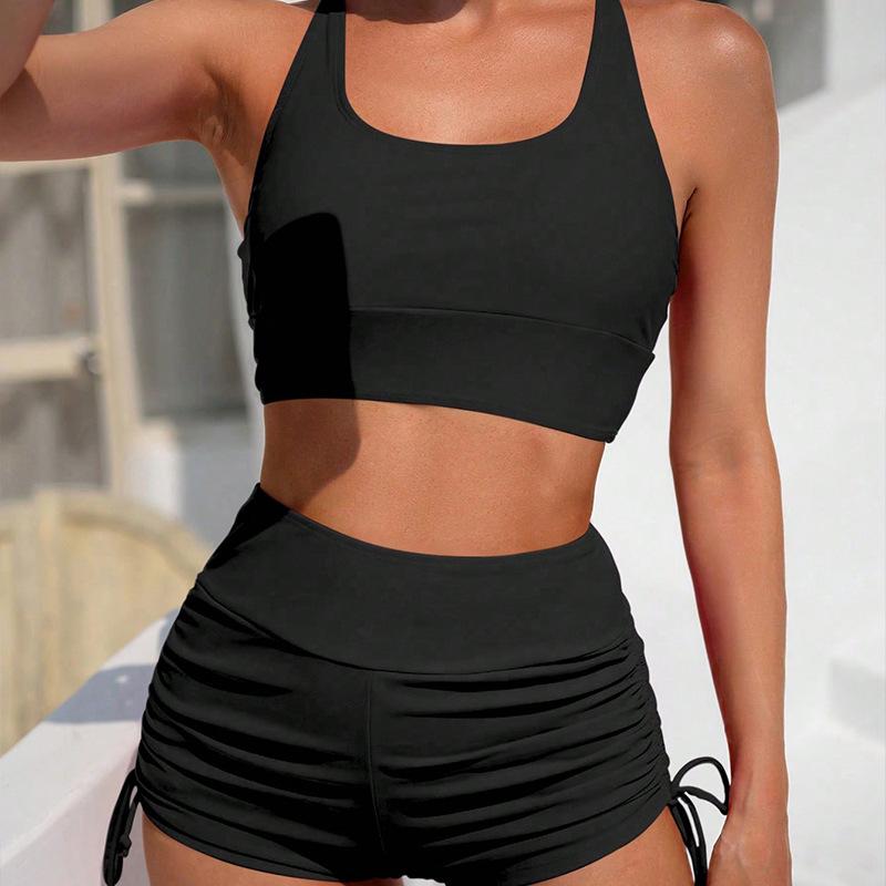 

2025 Купальник бикини на шнуровке с шортиками для женщин - Стильная и консервативная пляжная одежда для плавания XS чёрный