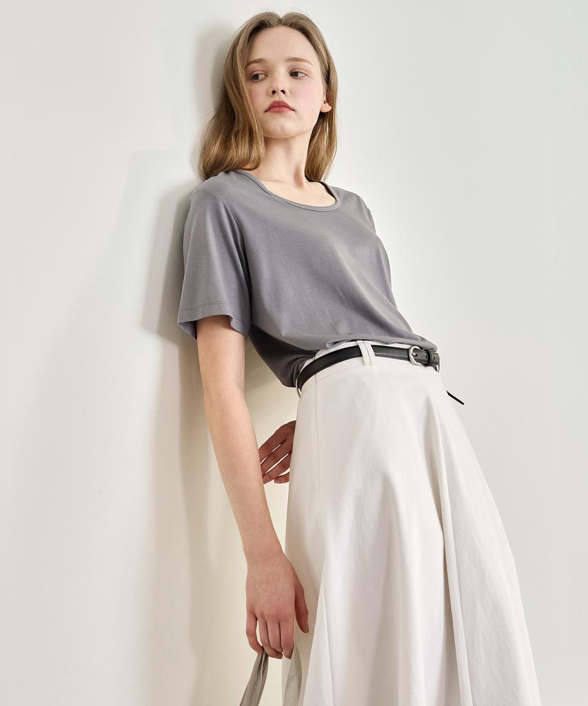 BASIC HOUSE Women'S U-Neck Oversized Stretch Short Sleeve T-Shirt Dark Gray Lats0210
