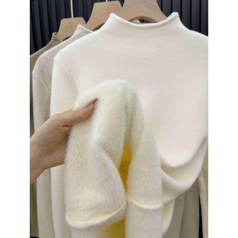 Autumn and winter warm integrated fleece bottoming shirt women's thickened small stand-up collar inner top simple and versatile knitted sweater