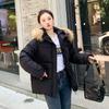 Women's Autumn Winter Hooded Solid Color Fur Collar Pocket Parka Zipper Loose Short Cotton Coat