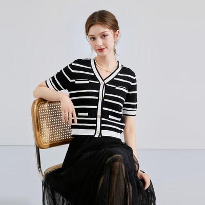 Women's Short Sleeve Striped V-neck Knit Cardigan