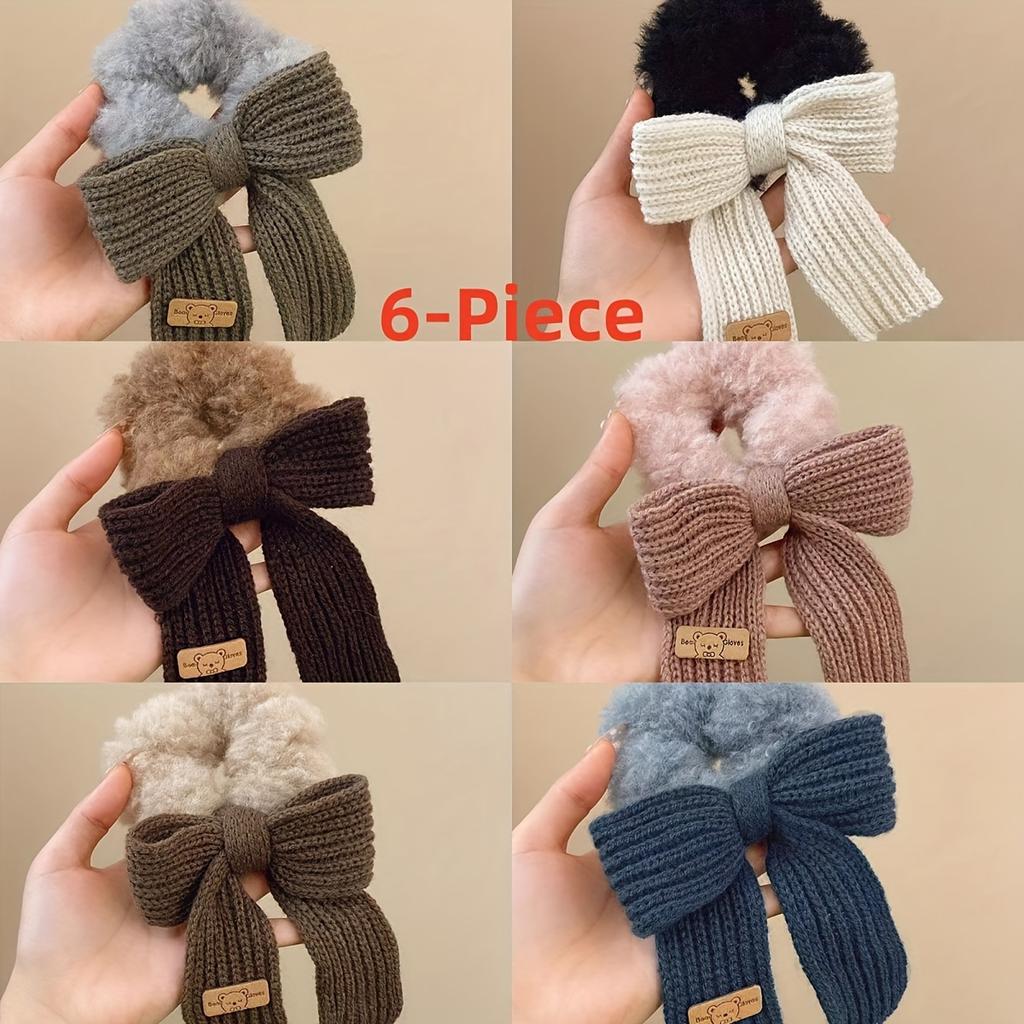 Knitted Bow Fluffy Hair Ties Set For Women Cute Cozy Soft Chic Bow Scrunchies Casual Hair Perfect For Birthday Holiday Party Favor Daily Wear Gifts