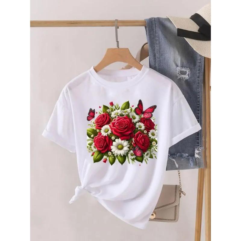 Krótki Rękaw Damski Nadruk Letnia Koszulka Modne Ubrania Koszulki Graficzne Kwiaty Akwarelowe Urocze Ubrania Damska Codzienna Koszulka