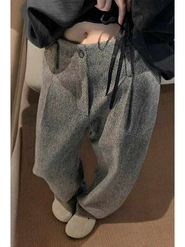 

Women s Gray Woolen Wide-Leg High-Waist Relaxed Pants - Plus Size Winter 2025 M