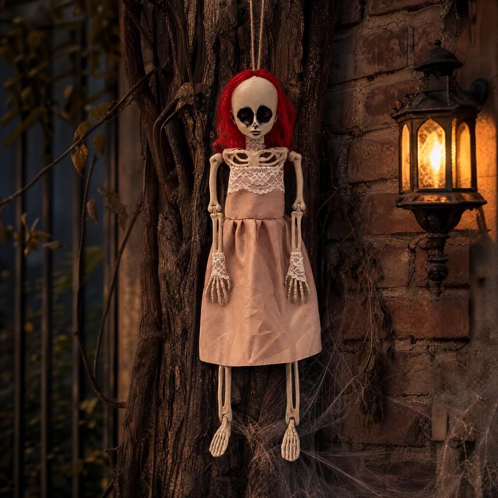 Hanging Red Hair Skeleton Girl Halloween Decoration for Party House