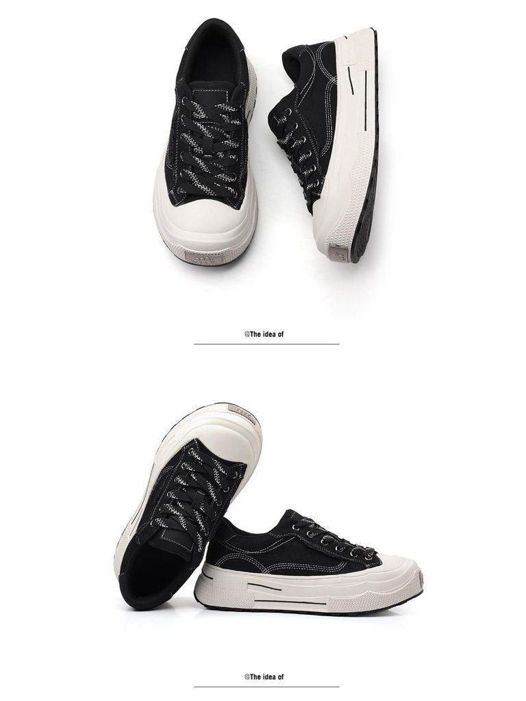 Trendy 2025 Spring/Autumn Retro Black Thick-Soled Breathable Canvas Shoes