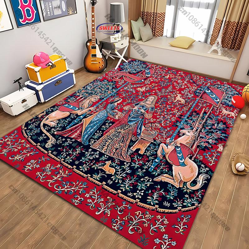 Luxury Retro Style Medieval Classic 'The Lady and The Unicorn' Printed Carpet Living Rooms Bedrooms, Sofa Rug, Durable Mat Gifts