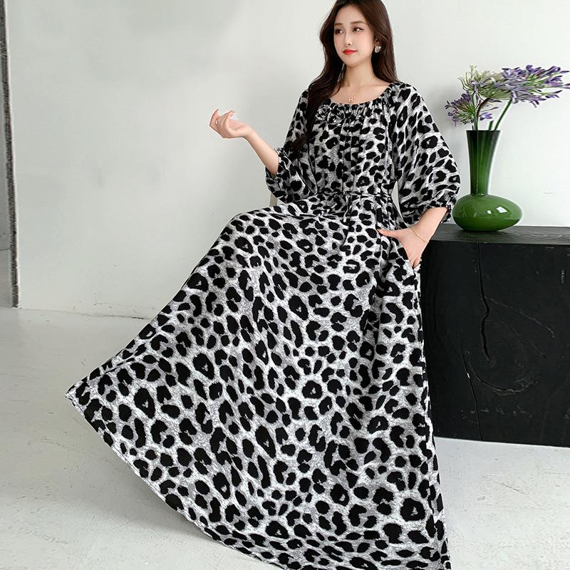 Fattened extra large size floral long-sleeved dress 100kg fat girl long dress one-word shoulder loose maternity dress