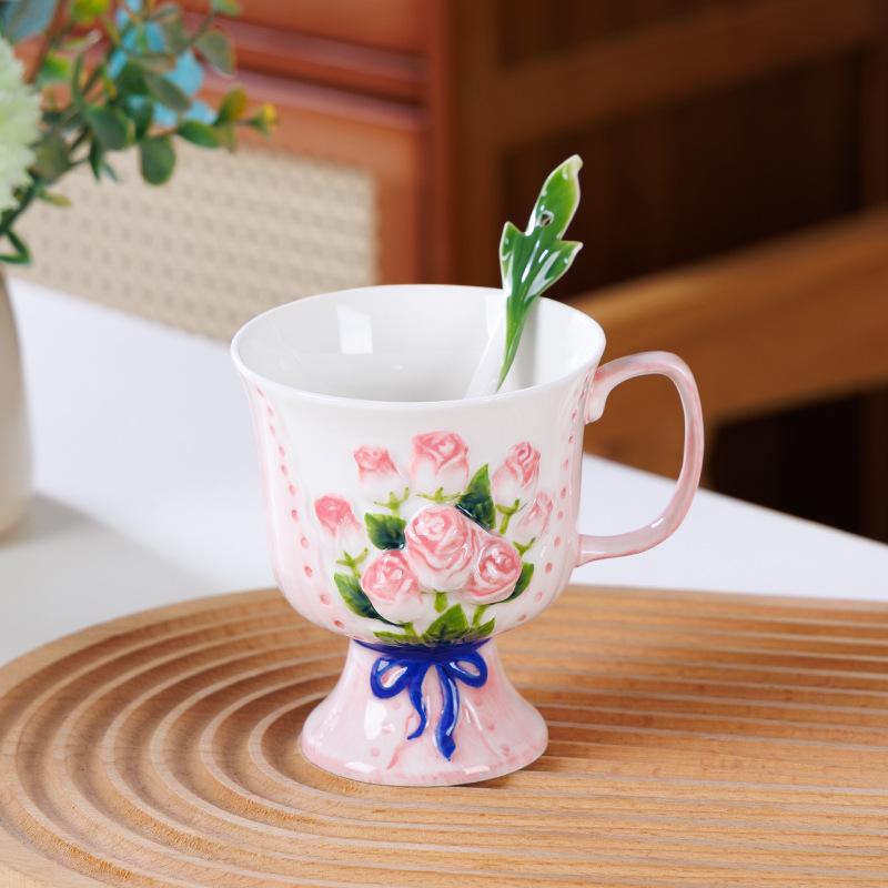 Enamel Rose Relief Cup&saucer Porcelain Coffee Mug Dining Table Flower Decorative Mugs Afternoon Tea Teacup Fruits Juice Cup