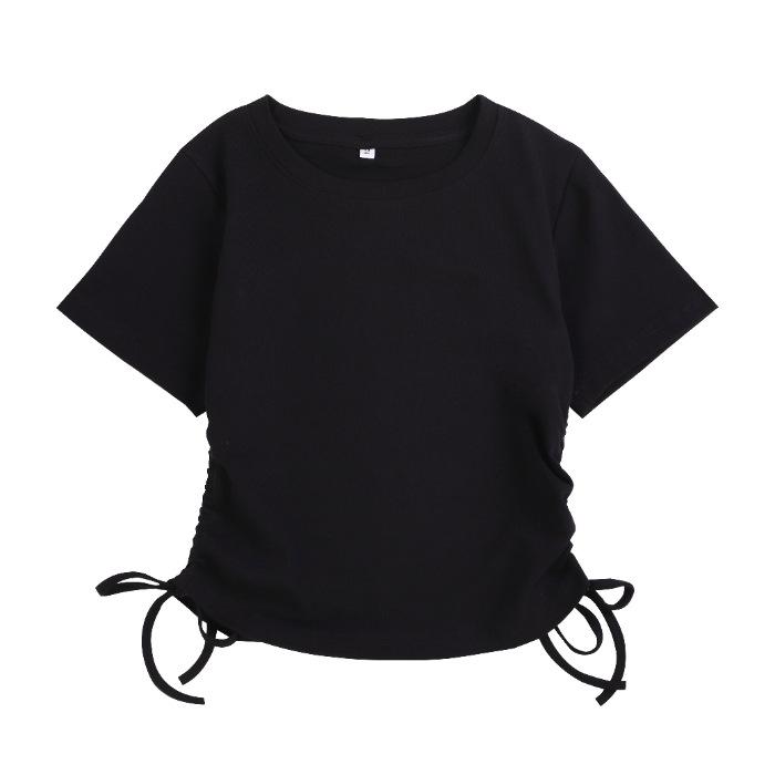 

Специальная футболка с кулиской и коротким рукавом Pure Desire Spice Girl Женская летняя новая корейская версия Дизайн Узкий облегающий короткий топ S чёрный