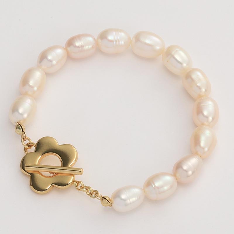 Copper Gold Floral Freshwater Pearl Bracelet for Women - Versatile European and American Fashion with OT Clasp