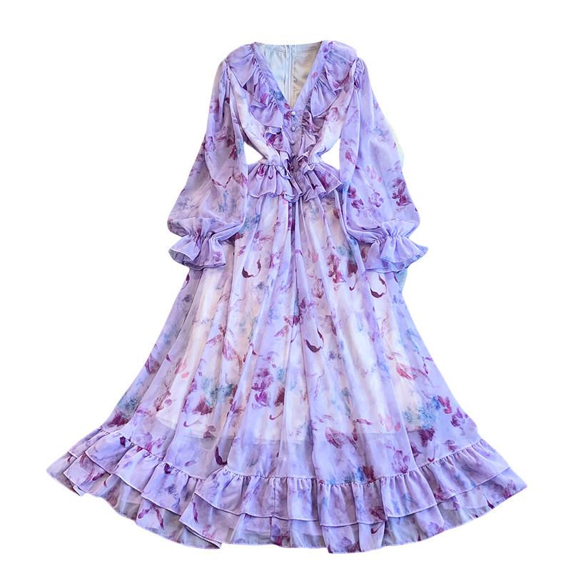 French niche gentle wind temperament V-neck dress women's autumn and winter design waist thin big swing ruffle edge dress