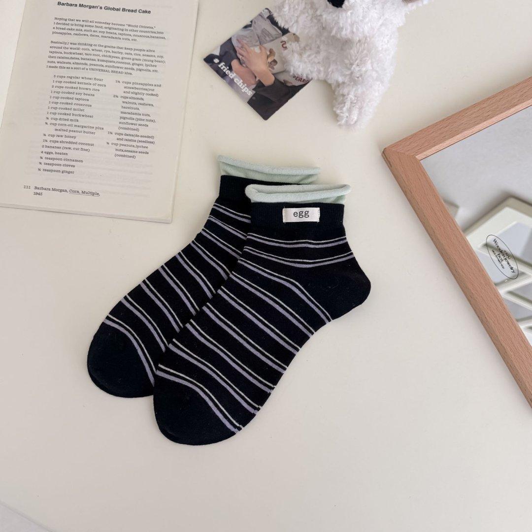 Sock Children s Short Socks, Summer and Spring Rolled-edge Striped Thin Summer Girls  Versatile Short Tube Socks 1 pair чёрный