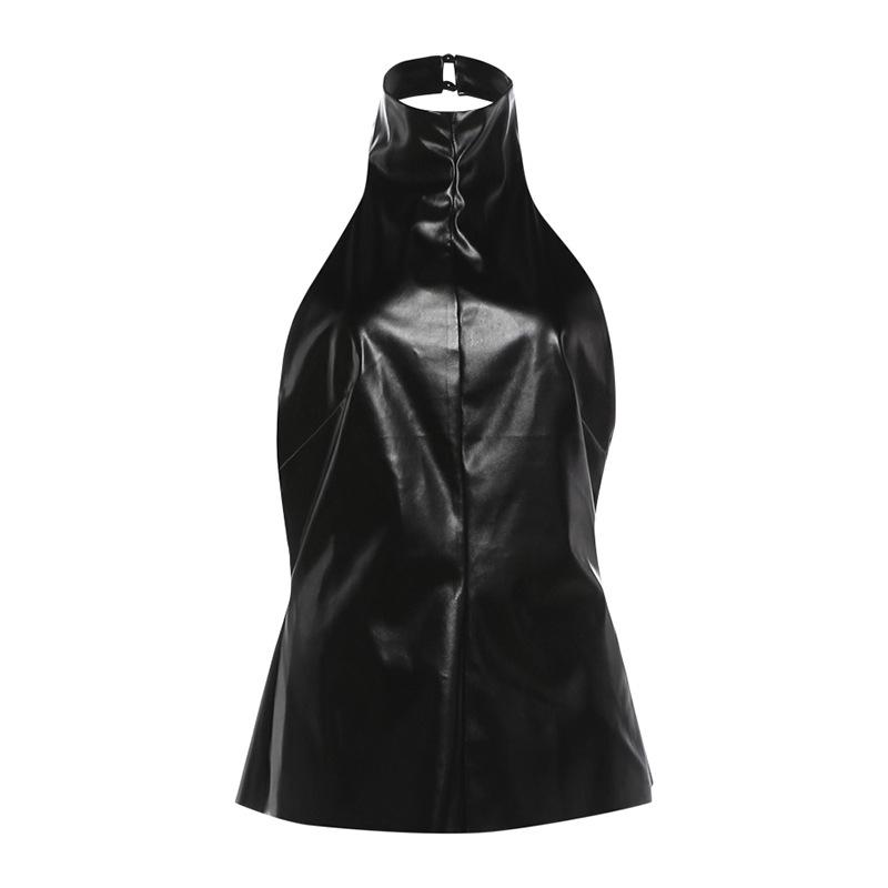 

European and American women s clothing spring new fashion hipster street sleeveless neck halter slim PU leather top S чёрный