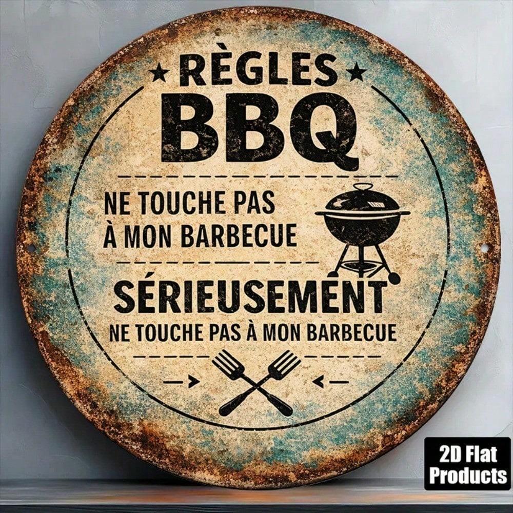 1pc 8x8in Retro BBQ Rules Don't Touch My Grill Sign, Vintage 2D Flat Round Plaque for Patio Kitchen