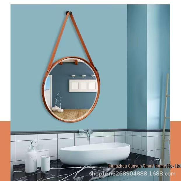 Round HD Wall-Mounted Vanity Mirror with Adjustable Leather Strap for Bathroom/Bedroom