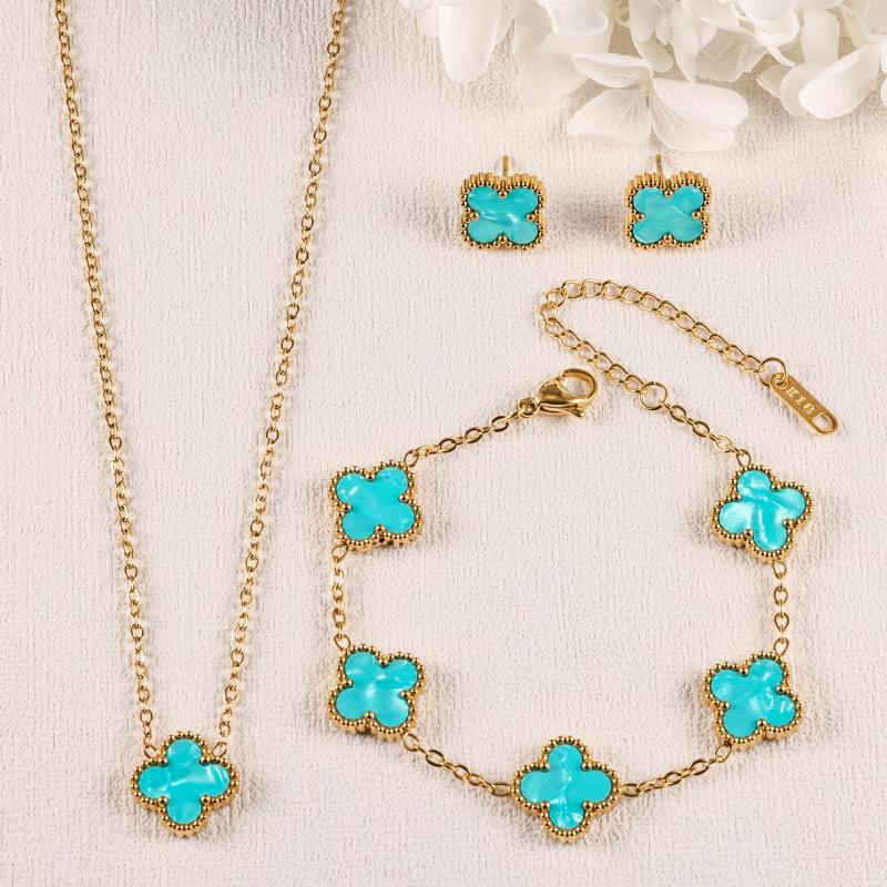 Four-leaf Clover Three-piece Necklace Bracelet and Earring Set - A Luxurious Colorful Fashion Jewelry Set