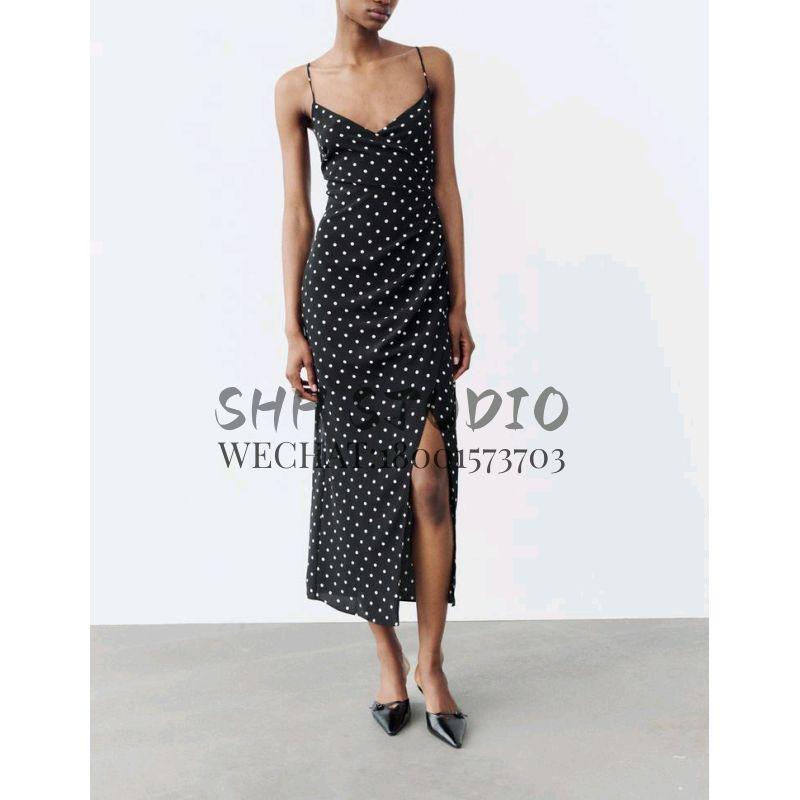 Spring New Arrival French Style V-neck Camisole Ruched Decorative Polka Dot Print Midi Skirt Dress 2976764