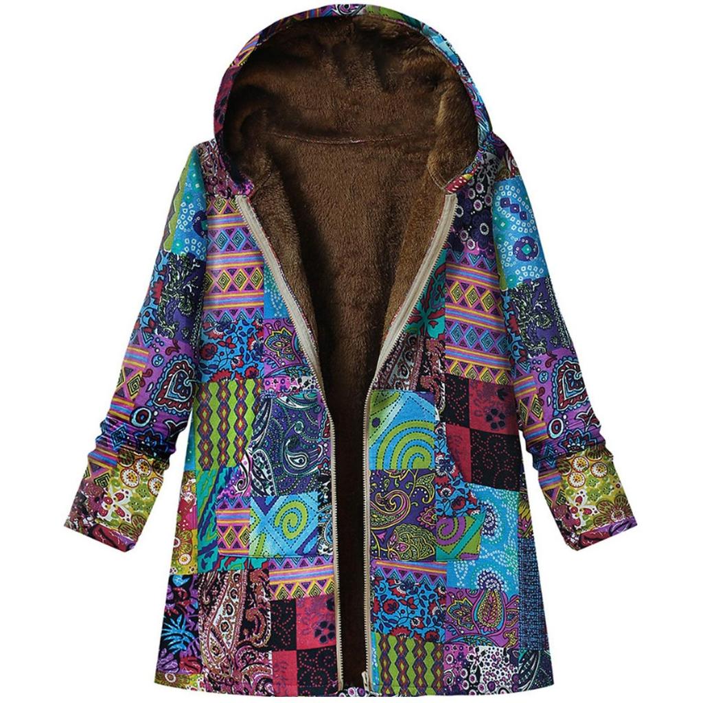 Giacca con cappuccio taglie forti da donna in peluche composito spesso con stampa floreale vintage a maniche lunghe