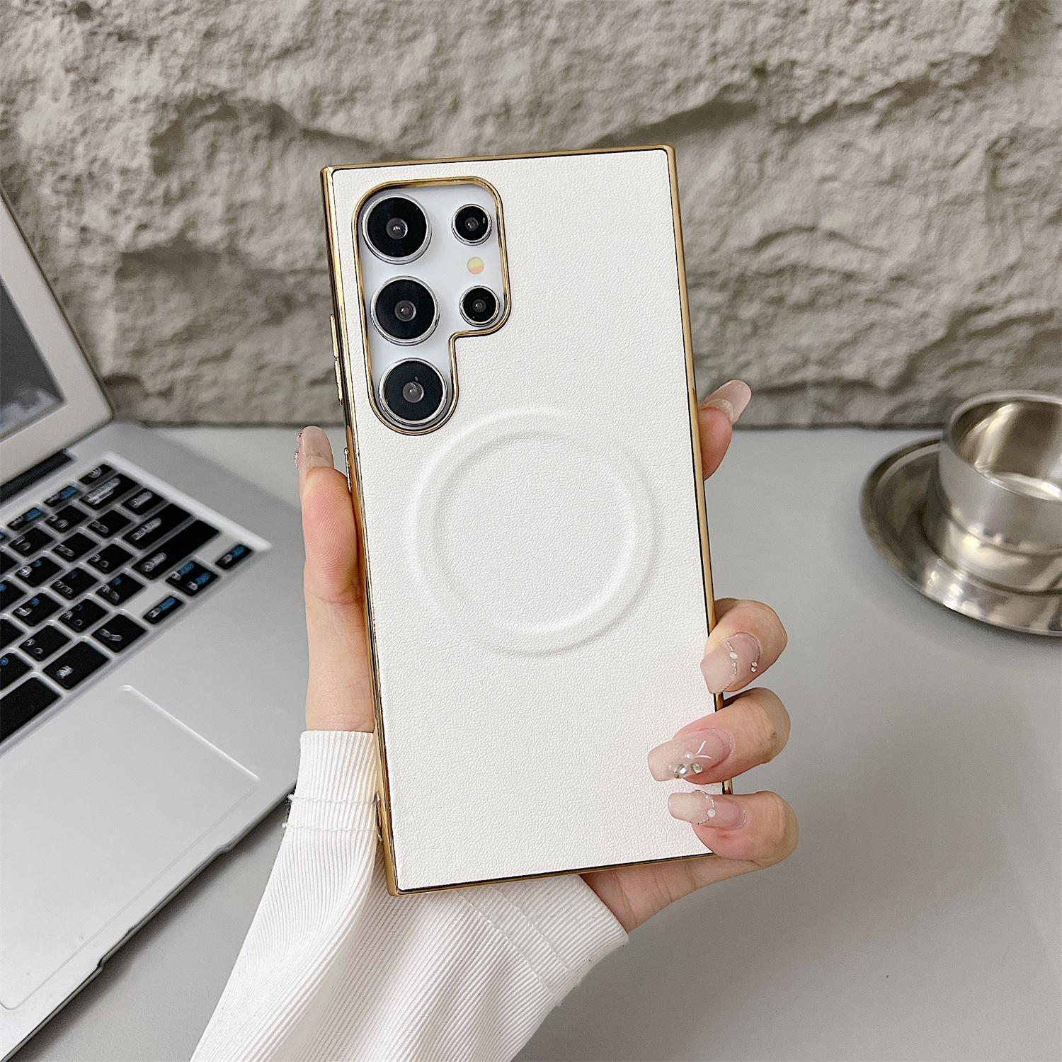 

For Samsung Galaxy S25 Ultra Magnetic Case Nappa Texture PU+TPU+PC Phone Back Cover White