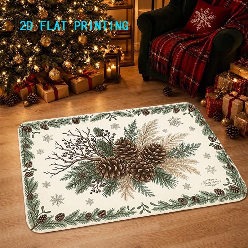 1pc 2D Flat Christmas Pine Cone and Pine Branch Entry Rug, Winter‑Style Decor Mat for Home, Entryway, Hallway, Bathroom
