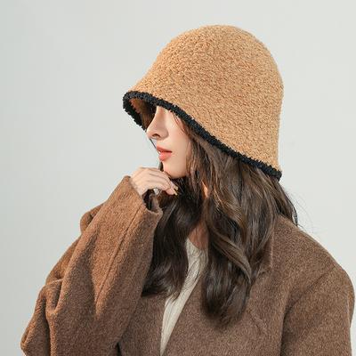 Bucket Hat Women's Autumn and Winter Simple Fashion Japanese Versatile Color Block Hat Showing Face Small Face Covering Plush Fisherman Hat