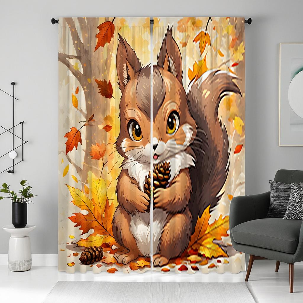2 pieces of HD autumn wind leaves holding pinecone small squirrel curtain Yellow digital printing curtain home decoration style