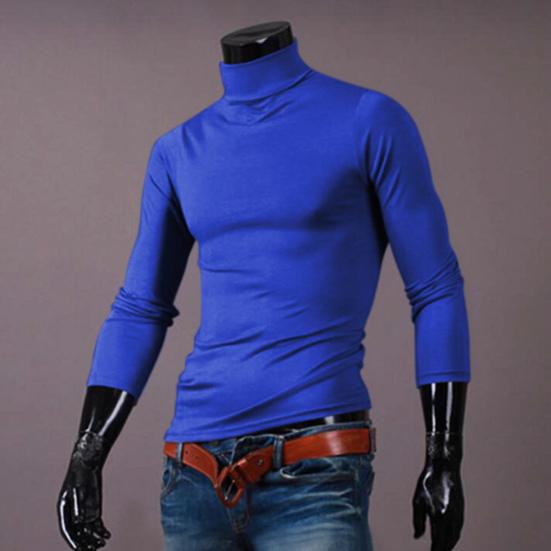 Camiseta Cor Sólida Manga Comprida Algodão Masculina Gola Alta Slim Básica Top para Primavera