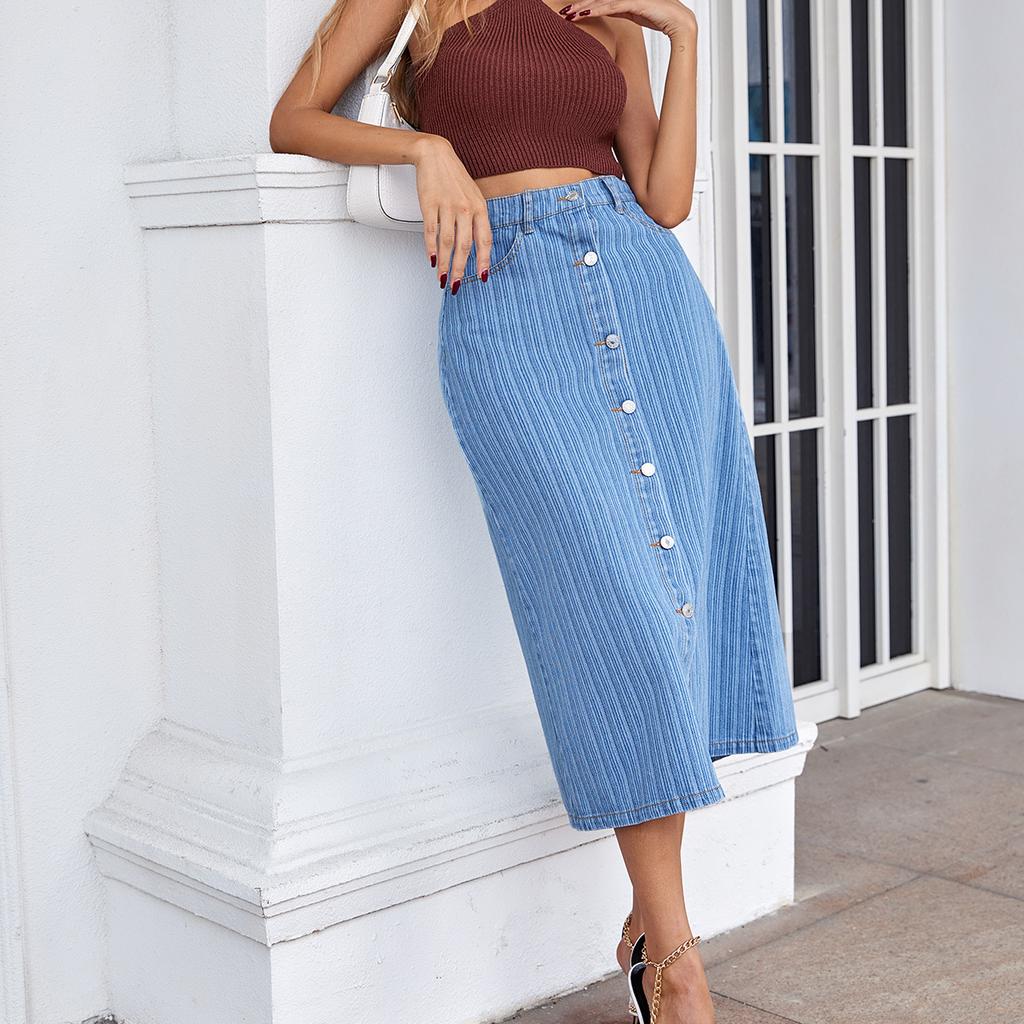 Women High Waist Single-Breasted A Line Jean Denim Skirt