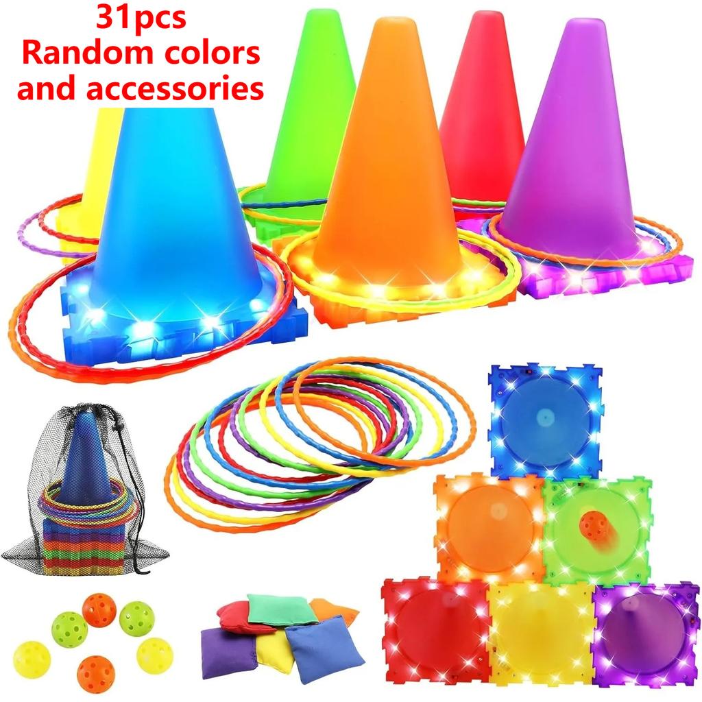 3 In 1 Sphere & Ring & Bean Bag Cones Toss Game Play Set With Light Multiple Throwing Target Models Outdoor Family Yard Party Game
