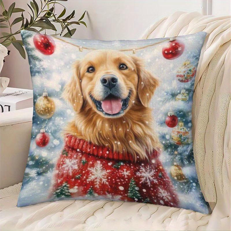 1pc Christmas Sweater Golden Retriever Decorative Pillowcase, Short Plush, Zipper Closure, Hand Wash Solely, Polyester Material, Retro Style, Geometri