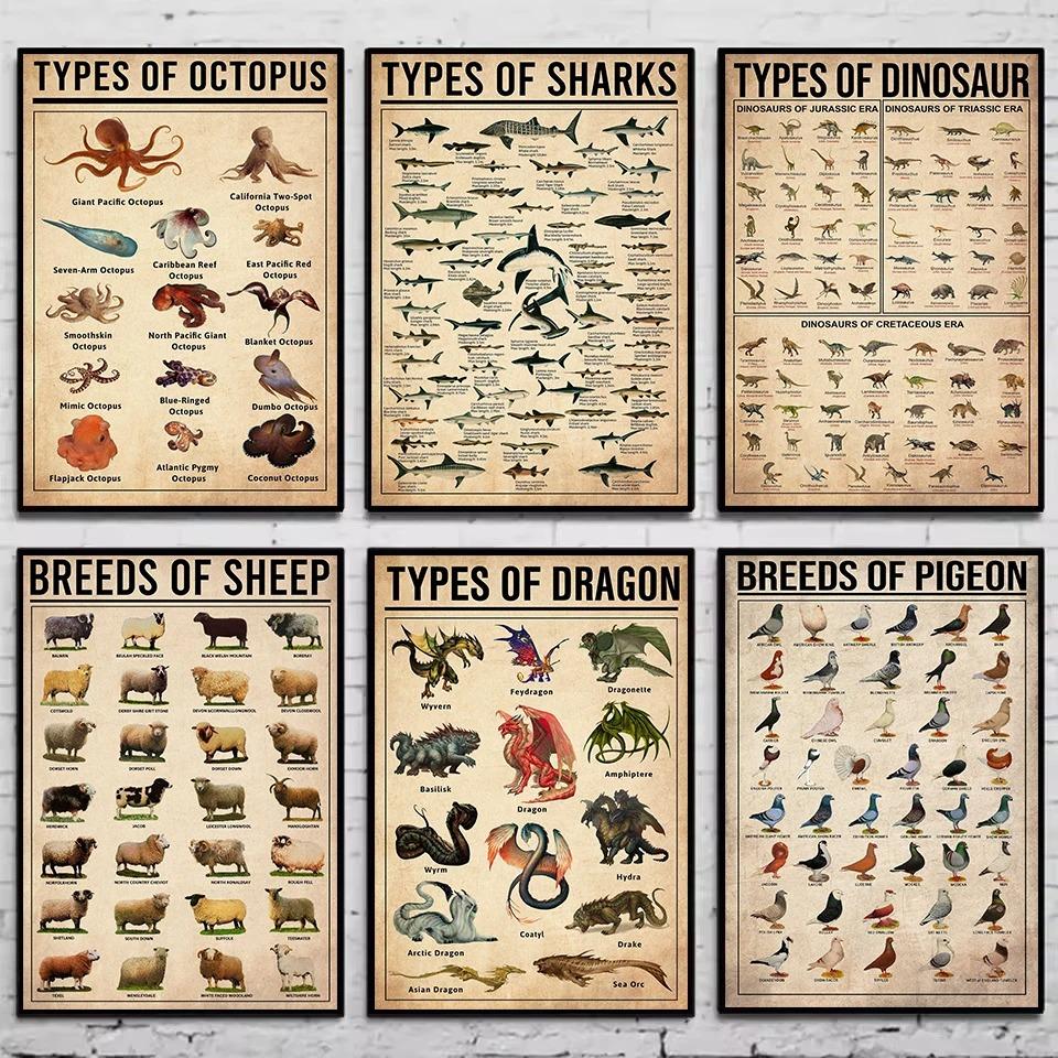 Retro Types of Dragon,Sharks,Octopus,Dinosaur Animals Knowledge Poster Canvas Painting Wall Art Pictures Home School Decor