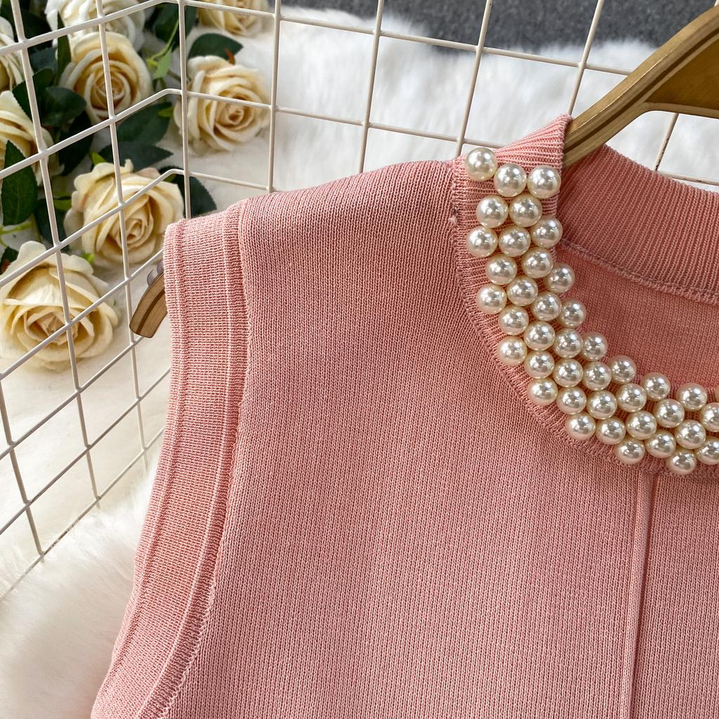 Spring Summer Beaded Knitted Mini Dress for Women Fashion Sleeveless Slimming Ruffle-Trimmed Sweater Dress
