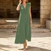 VEZFAA Women's Fashion Summer Spring Solid Color Print Short Sleeve V-Neck Loose Waistlinet Casual Dresses