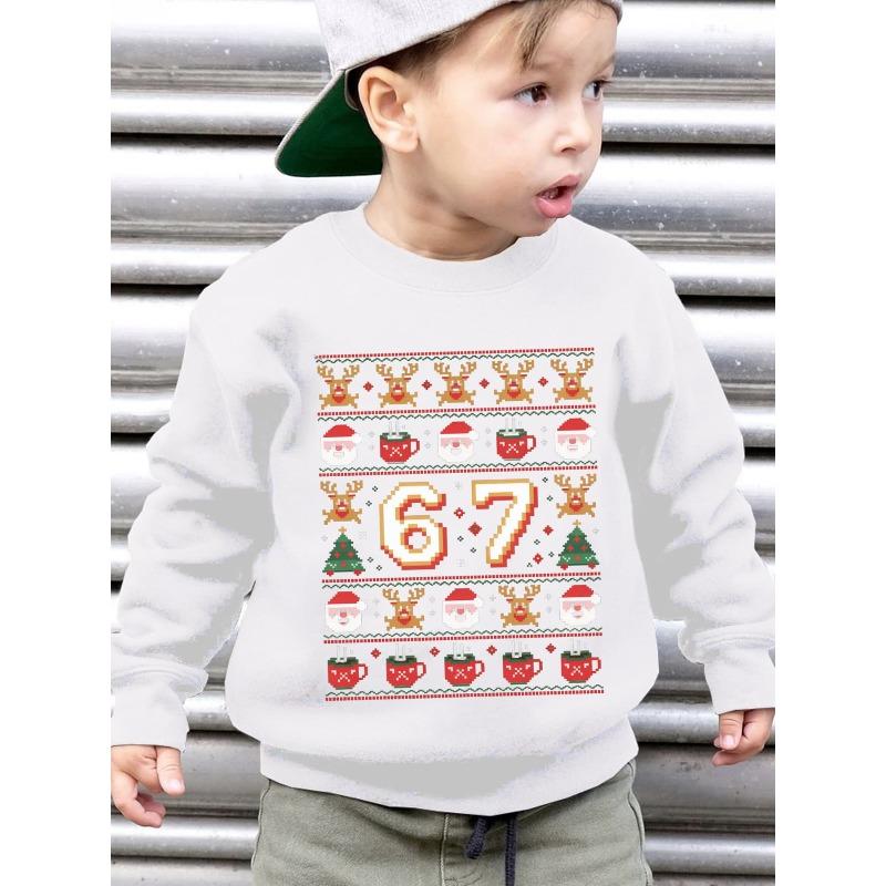 European Size Christmas unisexs' Autumn Winter Fashion Fleece Round Neck Pullover Sweater with Reindeer And Christmas Tree, Loose Casual Long Sleeve