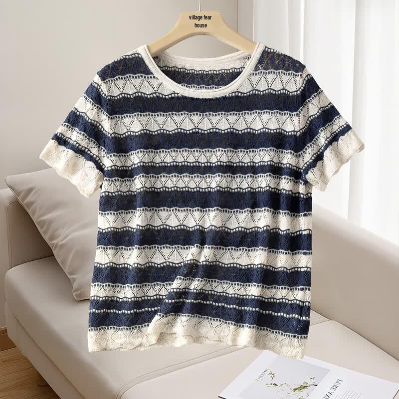 Women s Linen Blend Striped Knit Short-Sleeve Top M