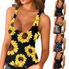 Women's Low Cut Sexy Tight Printed Round Neck Sleeveless Button Vest Tops