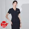 Women's Dark Blue Short-Sleeved Suit Set - Summer Professional Attire for Hotel and Jewelry Store Front Desk.
