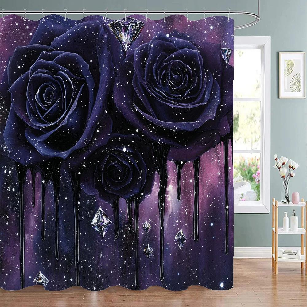 Shiny Purple Rose Flowers Shower Curtain, Bathroom Decorative Shower Curtain, Waterproof Shower Curtain with Hooks