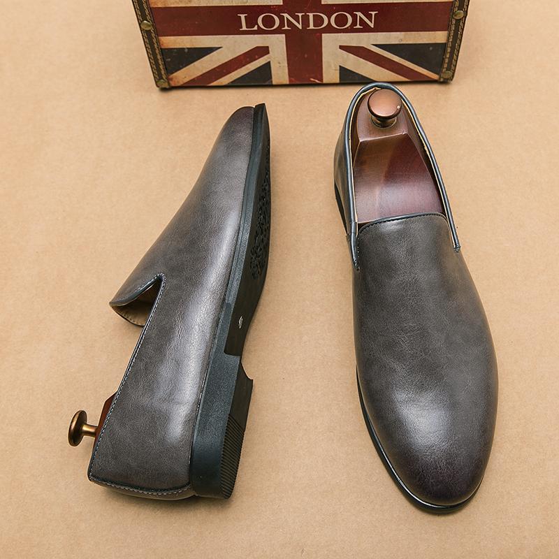 

Мужские коричневые лоферы без застежек на плоской подошве, деловые кожаные туфли, черные туфли под смокинг, свадебные, нарядные, большие размеры EU:46 серый