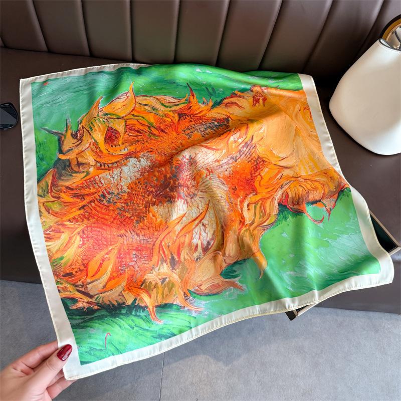 Oil Painting Printed Sunflower Square Scarf Luxury Ladies Neckerchief Soft Satin Shawl Women'S Decorative Bandana