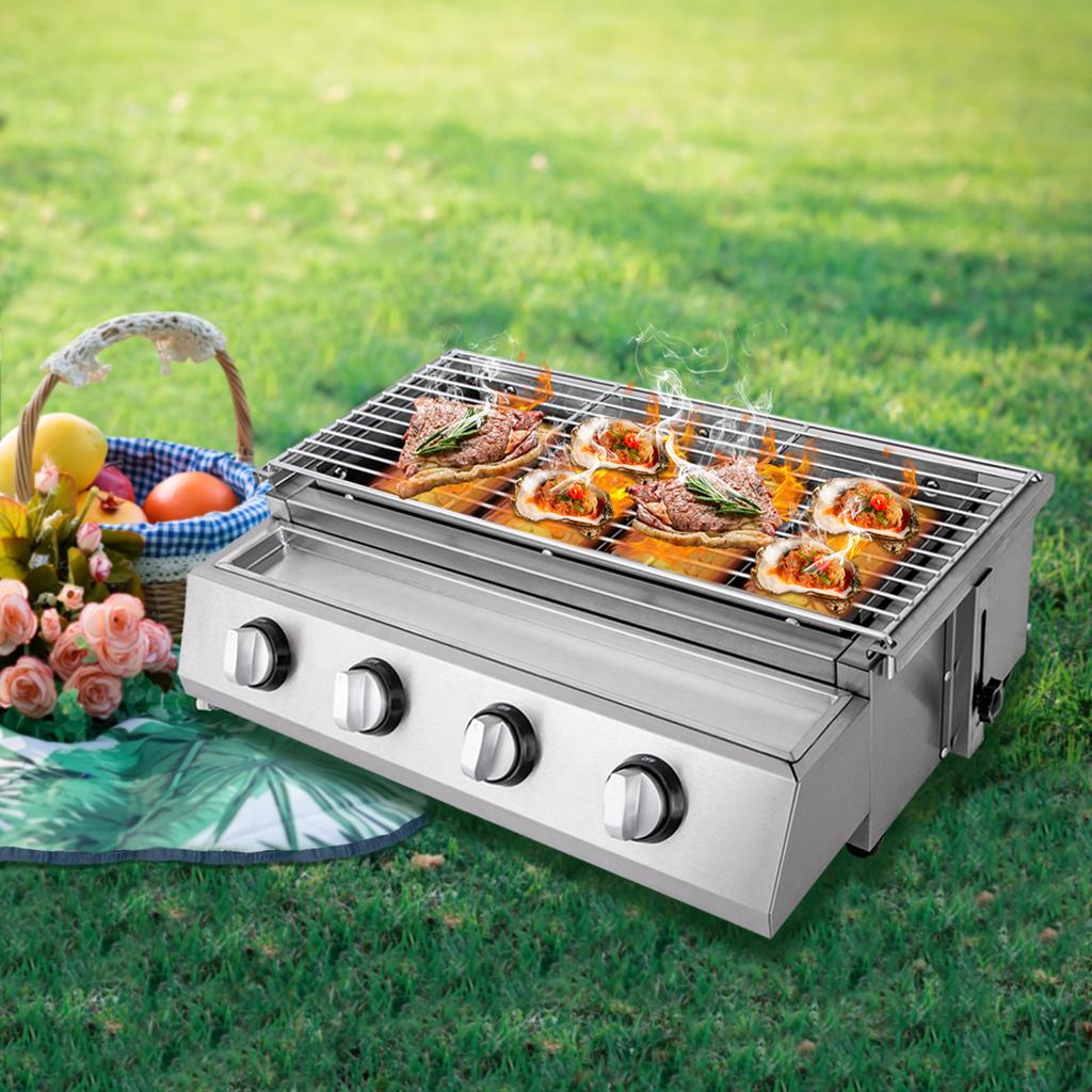 Portable 4 Burner Gas Cooktop BBQ Gas Grill Stove Outdoor LPG Burner Smokeless