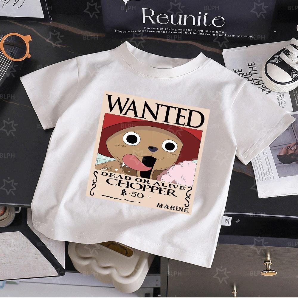 Cute One Piece Tony Tony Chopper Wanted Poster Kids T-Shirt, Adorable Cartoon Character Design, Soft Cotton Tee for Boys Girls