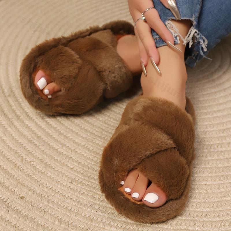 Fashion Women's Open Toe Slippers Fuzzy Fluffy House Slipper 2025 Autumn Winter Women Furry Slides Indoor Soft Plush Faux Fur Slippers