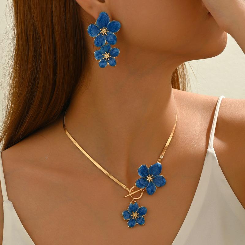 New Chinese-style National Trend Large Flower Necklace  Elegant Spray-painted Flower Pendant Jewelry Set